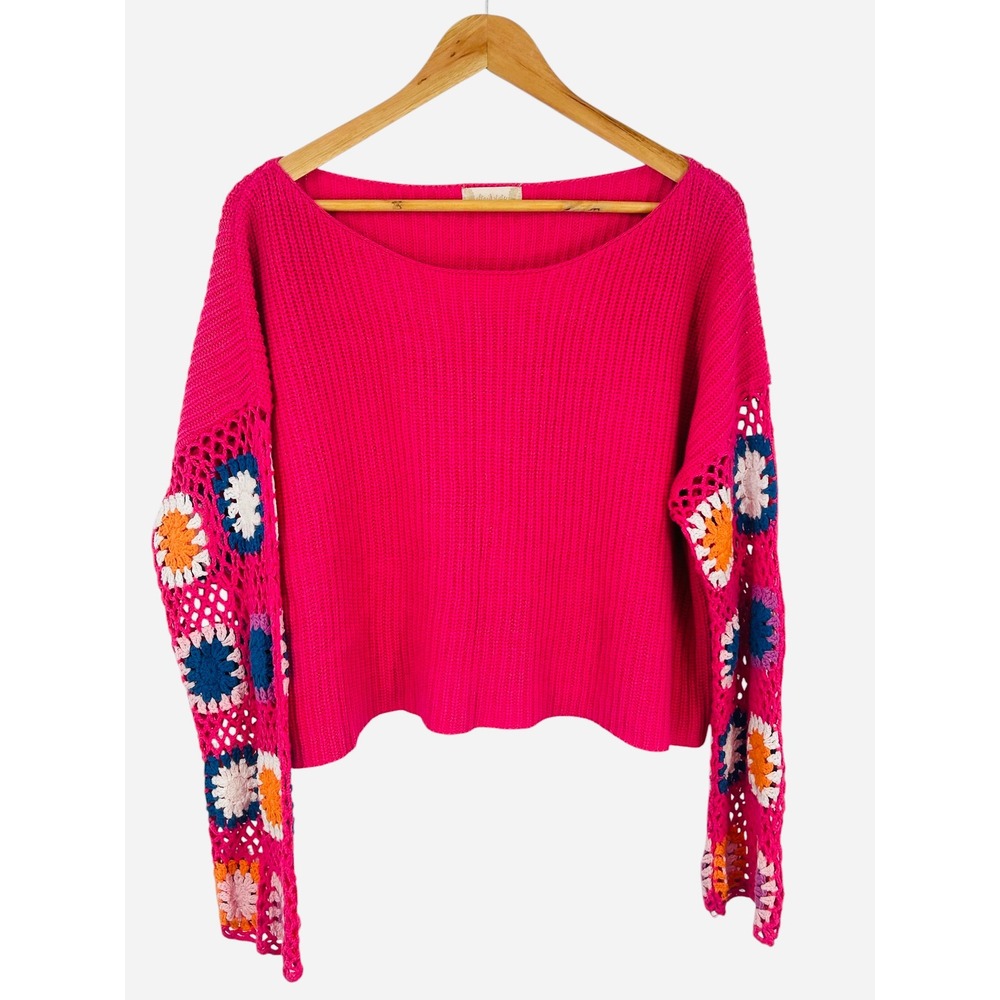 Altar'd State Crochet Sleeve Granny Square Sweater Pink Medium